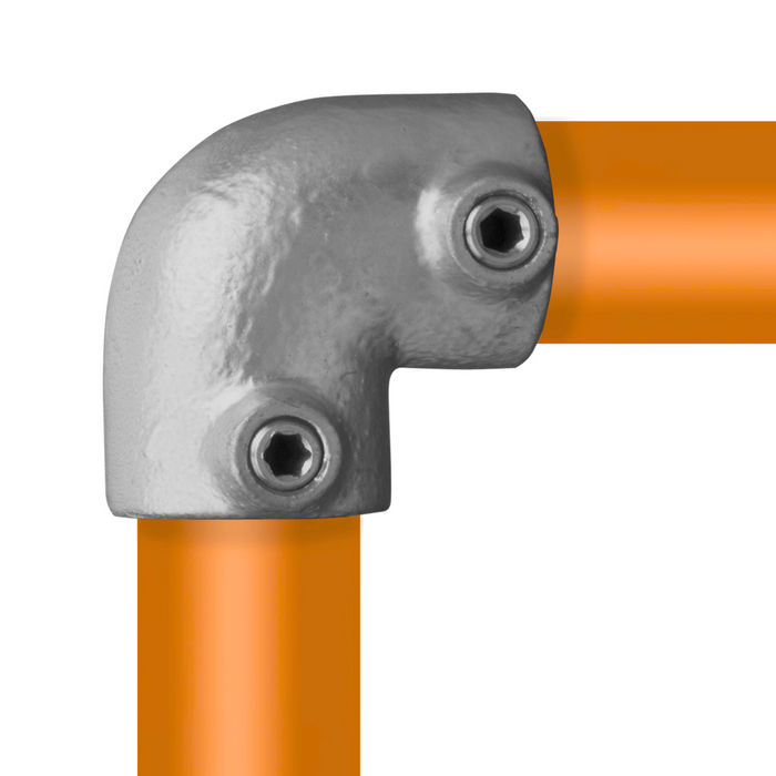 Rohrverbinder Bogen 90º galvanisiert, Abbildung zeigt Verbinder mit Rohren