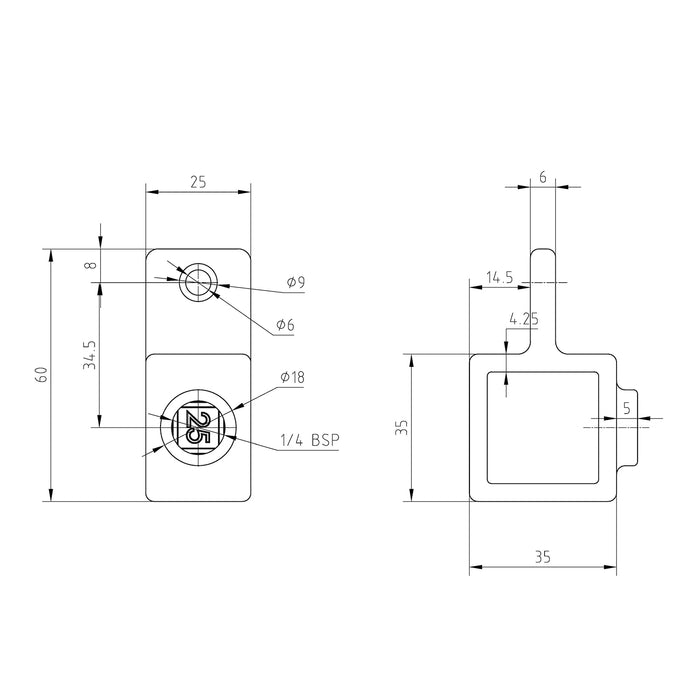 Zeichnung Rohrverbinder Vierkant Gelenkauge einfach 25x25 mm