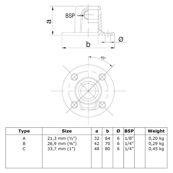 Zeichnung Runde Fussplatte durchgängig stahl 21,3 mm