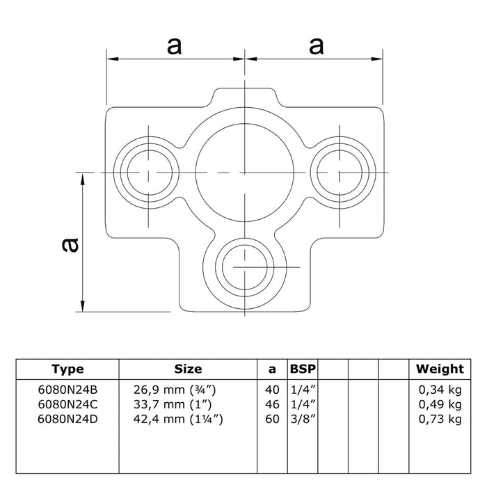 Zeichnung Rohrverbinder Dreiweg-T-Stück natural 33,7 mm