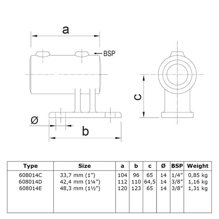 Zeichnung eines Rohrverbinders Wandhalter, Vertikale Schraubplatte,  Stahl, galvanisiert, 48,3 mm Durchmesser