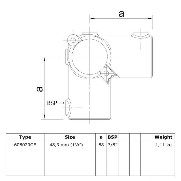 Zeichnung eines Rohrverbinders aus Stahl, Dreiwegverbinder offen klappbar Ø 48,3 mm