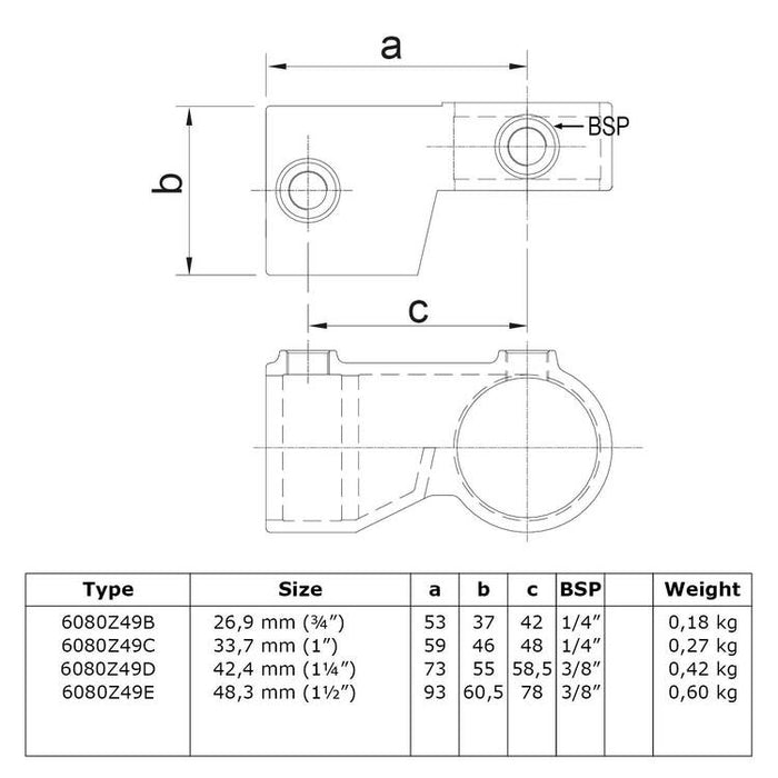 Zeichnung eines Rohrverbinders schwarz Winkelgelenk 90º-180º schwarz, aus Stahl mit Pulverbeschichtung, ohne Rohr Ø 42,4 mm