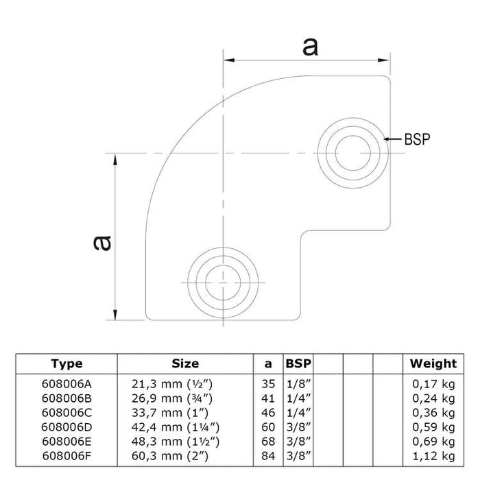 Zeichnung eines Rohrverbinders aus Stahl, Bogen 90 Grad, Durchmesser 21,3 mm 