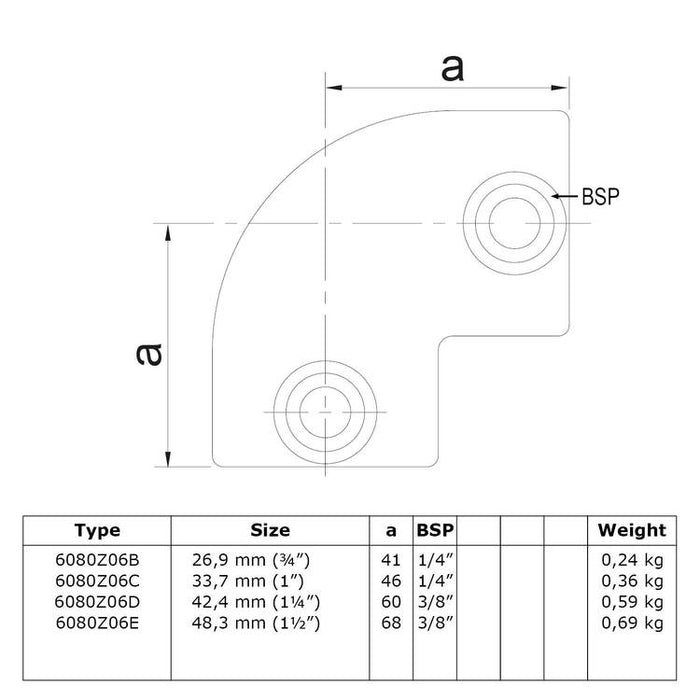 Zeichnung eines Rohrverbinders  Schwarz Bogen 90°, aus Stahl galvanisiert, ohne Rohr, Ø 42,4 mm