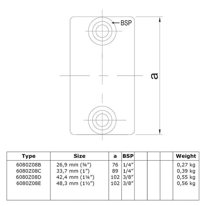 Zeichnung eines Rohrverbinders Verlängerungsstück außen, aus Stahl mit Pulverbeschichtung, ohne Rohr Ø 42,4 mm