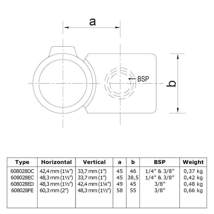 Zeichnung eines Rohrverbinders Überkreuz 90º, kombiniert Ø 33,7 & 48,3 mm, rund, aus Stahl galvanisiert