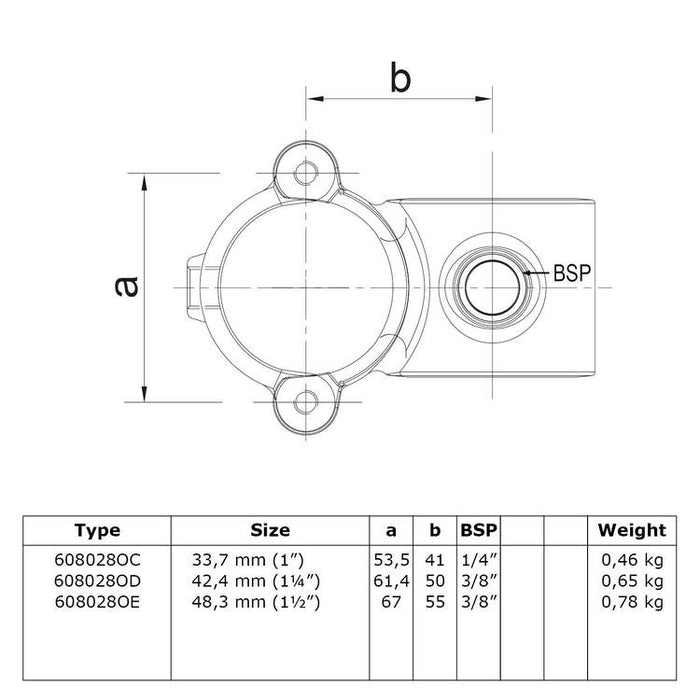 Zeichnung eines Rohrverbinders Kreuz-T-Stück kurz offen klappbar Ø 33,7 mm, aus Stahl galvanisiert, ohne Rohr