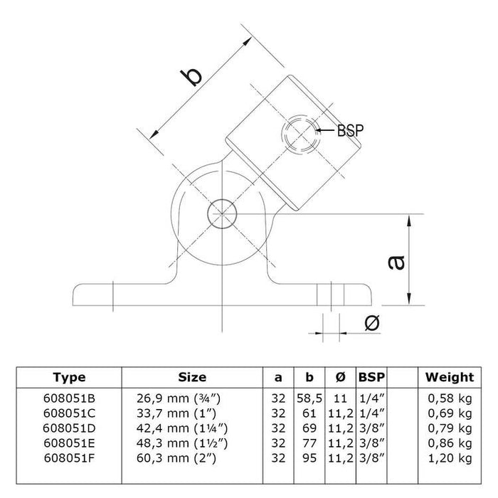 Zeichnung eines Rohrverbinders Gelenkfuß, aus Stahl galvanisiert, Ø 60,3 mm