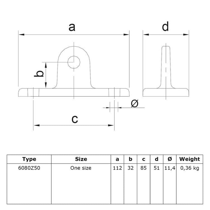 Zeichnung eines Rohrverbinders Gelenkfußhalter universal schwarz, aus Stahl mit Pulverbeschichtung, ohne Rohr