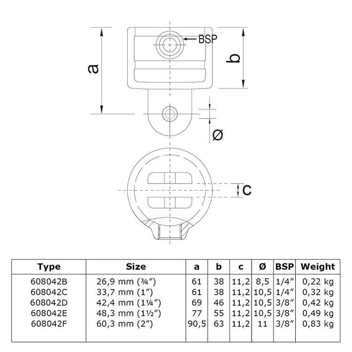 Zeichnung eines Rohrverbinders  Gelenkhalter, aus Stahl galvanisiert, Ø 42,4 mm