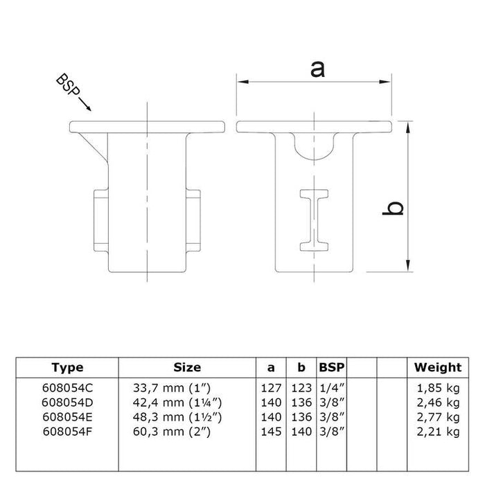 Zeichnung eines Rohrverbinders Bodenhülse, aus Stahl galvanisiert, Ø 42,4 mm