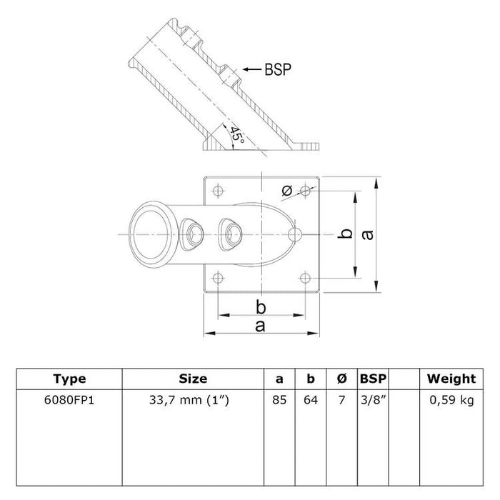 Zeichnung eines Rohrverbinders Fahnenstangenhalterung einfach, aus Stahl galvanisiert,  Ø 33,7 mm