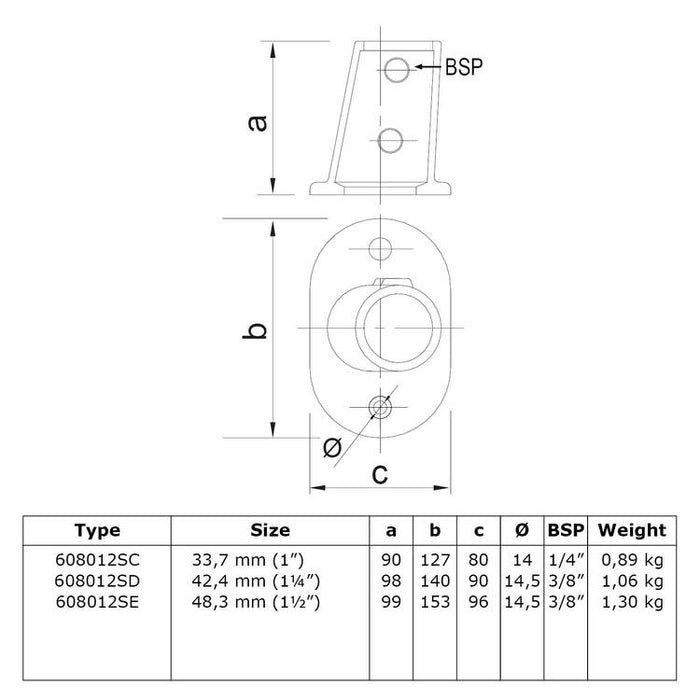 Zeichnung eines Rohrverbinders Fußplatte, Oval, Winkel,  Stahl, galvanisiert, 42,4 mm Durchmesser