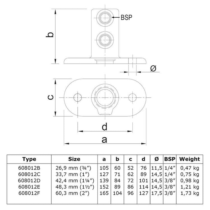 Zeichnung eines Rohrverbinders Fußplatte, oval,  Stahl, galvanisiert, 60,3 mm Durchmesser